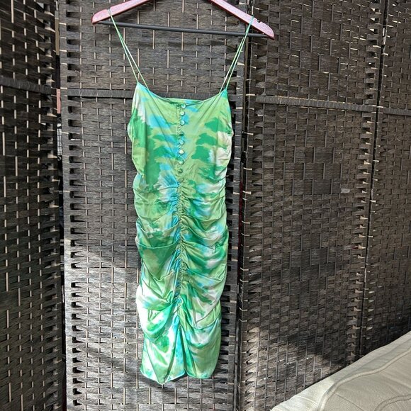 Ganni Womens Sleeveless Ruched Mini Dress Green Silk Dress Size 32 - Picture 1 of 10
